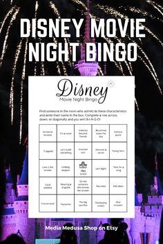 the disney movie night bingo game is shown in front of a castle with fireworks and people standing