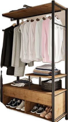 a rack with shoes and shirts hanging on it