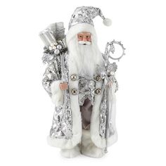 a santa clause figurine with silver decorations