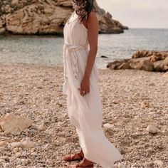 Nwt. Gorgeous, Flowy White Cotton Dress. It Gives Grecian Goddess On A Trip To The Islands Note: The Belt It Came With Is Not As Thick As The Belt Pictured In The Stock Photos. Casual Flowy Dress For Beach Wedding, Feminine Maxi Beach Dress, Feminine Maxi Dress For The Beach, Feminine Boho Maxi Dress For Beach, Casual White Beach Wedding Dress, Elegant Beach Wedding Dress For Beach Season, Sleeveless Midi Dress For Beach Wedding, Elegant Midi Dress For Daywear And Beach Season, Elegant Midi Dress For Beach Season Daywear