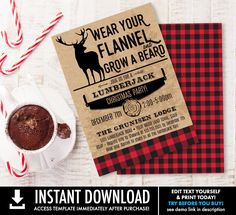 this is an image of a printable christmas party flyer with reindeer and cupcakes