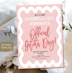 a pink and white birthday party card with scalloped edges on top of it