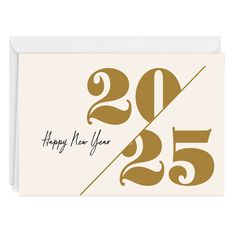 a happy new year card with the number twenty five in gold and white, on a beige background