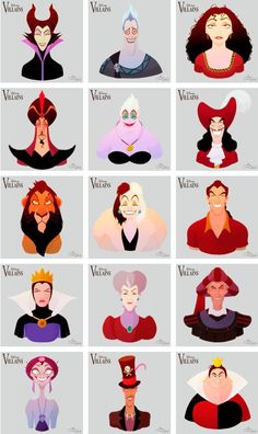 the many faces of disney characters from various eras to their respective generations, all in different colors