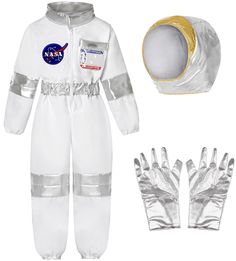 PRICES MAY VARY. ASTRONAUT NASA COSTUMES - The white astronaut costume comes with silver gloves and hat. The design of elastic waist and cuff make the costume fit kids well whether for 3 4 5 or 6 7 year old. Space-theme patterns blazoned across the cloth and the name tag pocket add to the reality effect. EASY to WEAR - The astronaut jumpsuit is fabricated with your kids comfort in mind! Wrist, waist and ankles have an elastic band for comfortable fit. And it comes with a high-quality zipper to e Astronauts Costume, Nasa Costume, Space Jumpsuit, Kids Astronaut Costume, Full Body Jumpsuit, Pilot Costume, Space Costumes, Kids Leotards, Astronaut Suit