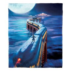 a painting of a train traveling over a bridge in the snow with lights on it