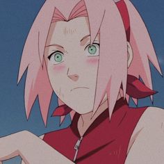 an anime character with pink hair and blue eyes