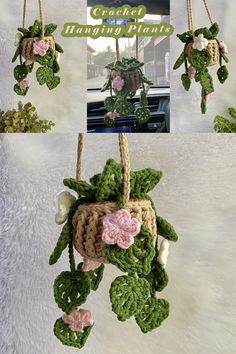 crocheted hanging planter with pink flowers and green leaves on white furnishing