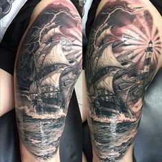 a man's arm with a ship and lightning tattoo on it