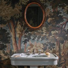 a bathroom sink sitting under a mirror next to a wallpapered wall with trees