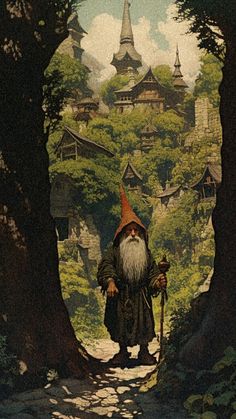 an old wizard is walking through the woods