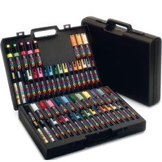 a black case filled with lots of different colored crayons