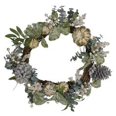 a wreath with pine cones and flowers on it