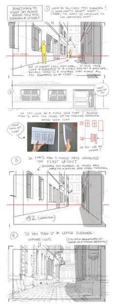 an architectural drawing shows how to draw the front and side of a building with different angles