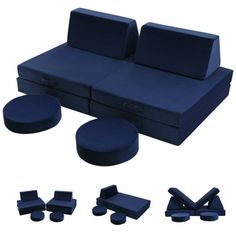 a blue couch sitting next to several pieces of furniture with matching footstools and cushions