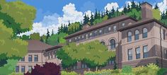 a pixelated image of a large building with lots of trees on the side of it