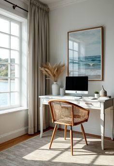 coastal home decor ideas Coastal Office Desk, Coastal Office Ideas Beach, Boho Beach Office, Coastal Style Office, California Coastal Office, Coastal Home Office Ideas, Modern Coastal Office, Coastal Office Ideas, Beach Office Decor