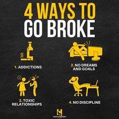 the four ways to go broke info graphic on blackboard with yellow and white text