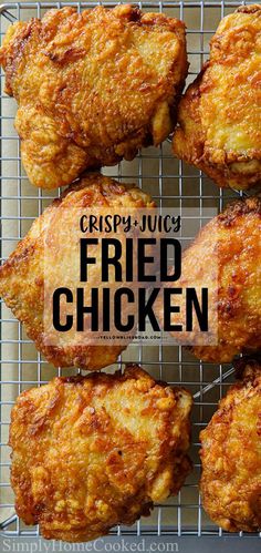 crispy juicy fried chicken on a cooling rack