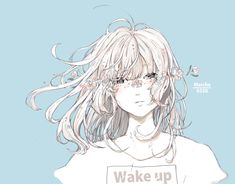 a drawing of a girl with long hair wearing glasses and a wake up t - shirt