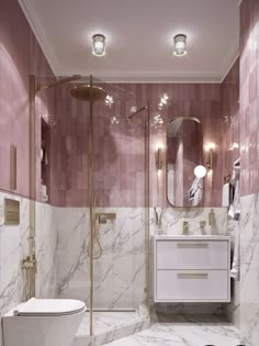 a bathroom with pink walls and marble flooring