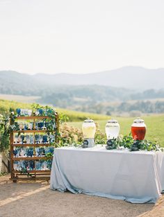 a table with two vases on it in the middle of a field and mountains