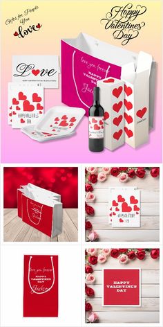 valentine's day greeting cards and envelopes with red hearts on the front, pink background