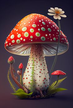 an illustration of a mushroom with flowers and grass