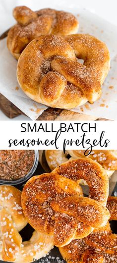 small batch seasoned pretzels are sitting on a white plate with the words, small batch seasoned pretzels