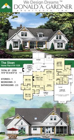 two story house plans with pool in the front and second floor, along with an attached garage