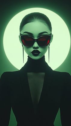 a woman wearing red sunglasses and black dress in front of a green background with the moon behind her