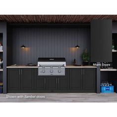 an outdoor kitchen is shown with cabinets, stoves and shelves on either side of the counter