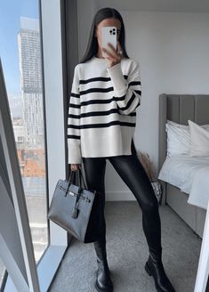 Striped Sweater Outfit, Leather Leggings Outfit, Leather Pants Outfit, Women Sweaters Winter