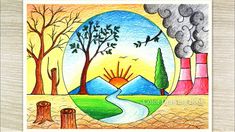 an image of a painting with trees, water and sun in the background that says color drawing book