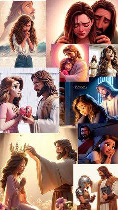 many different pictures of jesus and princesses with the same image in each one's frame