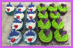 cupcakes with green frosting and purple icing in the shape of hearts