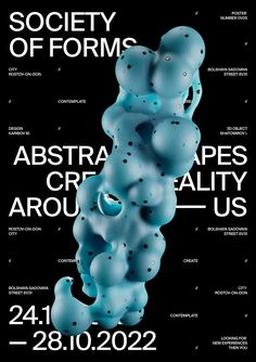 an advertisement for the society of forms, featuring blue bubbles and black dots on a black background