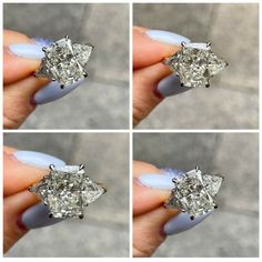 four pictures of a diamond ring being held by someone