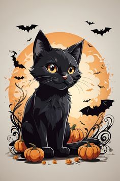 a black cat sitting in front of a full moon with bats and pumpkins around it