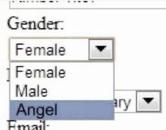 an email form with the text gender and female male