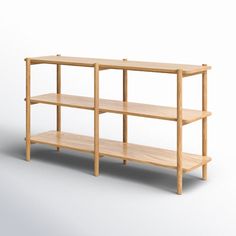 a wooden shelf with three shelves on one side and two open shelving units on the other