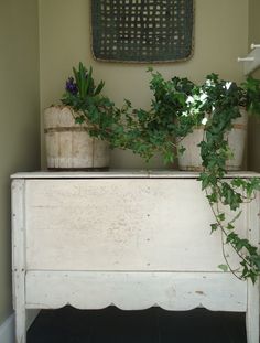 two potted plants sitting on top of a white bench in front of a wall