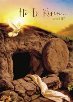 a painting of a stone tunnel with a dove flying over it and the words he is risen written below