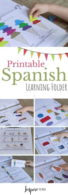 the printable spanish learning folder is shown with pictures and instructions to make it easier for children