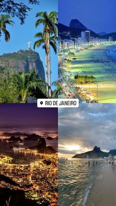 four different pictures with the same city and beach at night, including mountains in the background