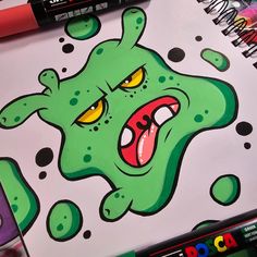 a drawing of an angry green cartoon character