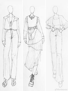 three drawings of different types of clothes