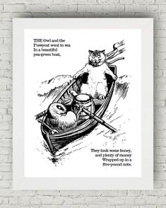 a black and white drawing of a cat in a boat with an inscription on it