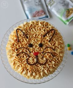 a cake decorated with noodles and icing has a cat's face on it