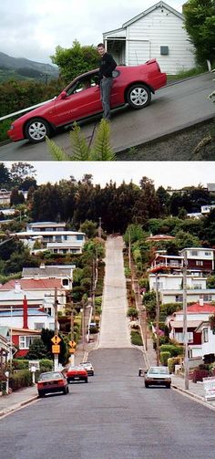 two pictures side by side one shows a red car and the other shows a man standing in front of a house